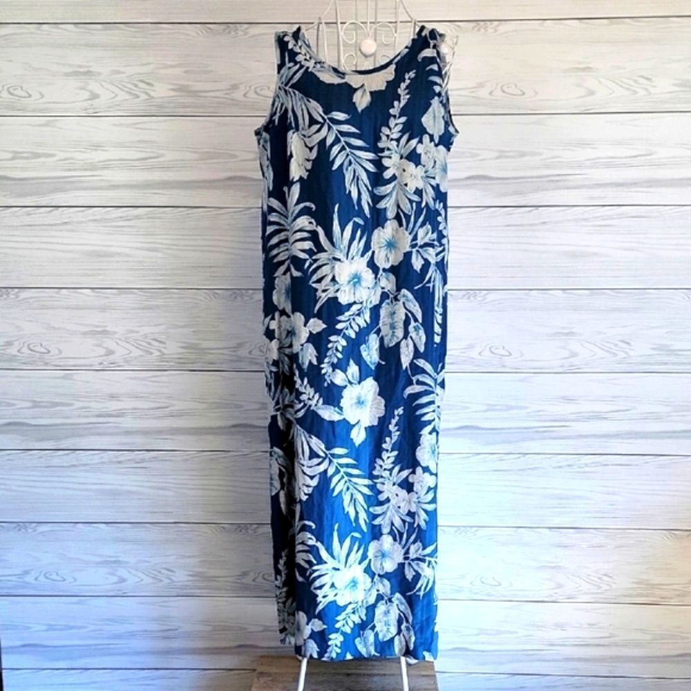 Vintage Pineapple Moon Silk Floral Blue Maxi Dress Womens Size S